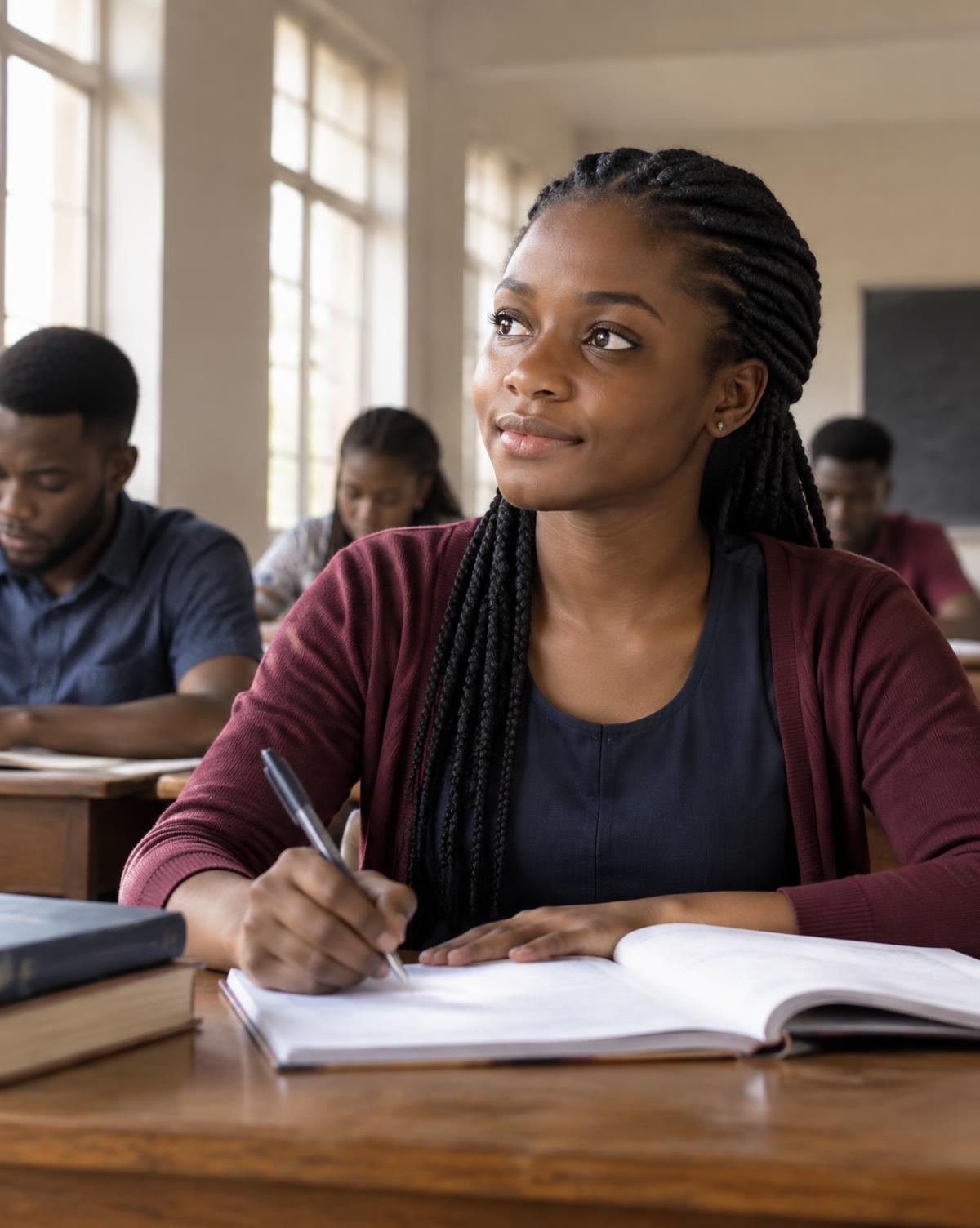A Nigerian student studying in a bright classroom